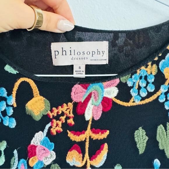 ANTHROPOLOGIE Black Sheer Mesh Floral Embroidery Overlay Sleeve Mini Dress S - Picture 4 of 14